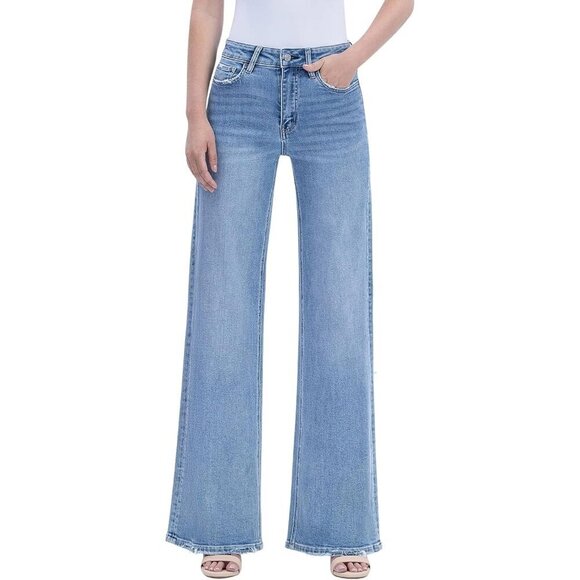 Denim - Women's High Rise Raw Hem Wide Leg Jeans Comfort Stretch Denim Size 27